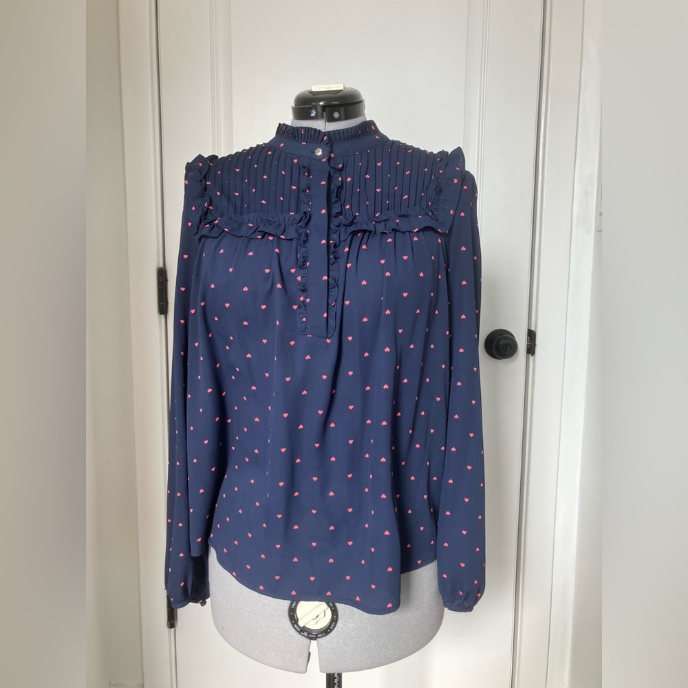 J. Crew Navy Blouse with Pink Dots